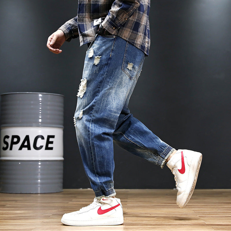 Pantaloni Jeans Uomo Harem Cropped Taglie Forti - Stile Europeo e Americano, Effetto Consumato