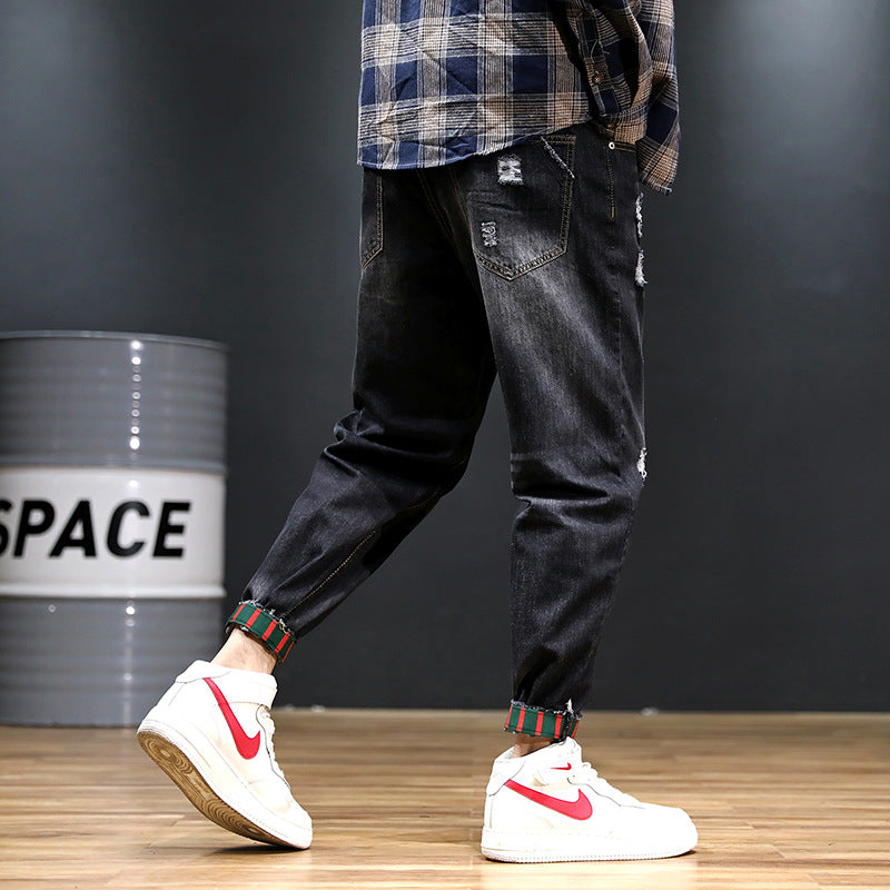 Pantaloni Jeans Uomo Harem Cropped Taglie Forti - Stile Europeo e Americano, Effetto Consumato