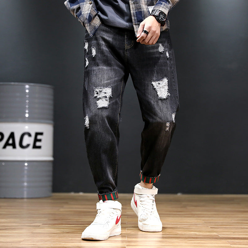 Pantaloni Jeans Uomo Harem Cropped Taglie Forti - Stile Europeo e Americano, Effetto Consumato