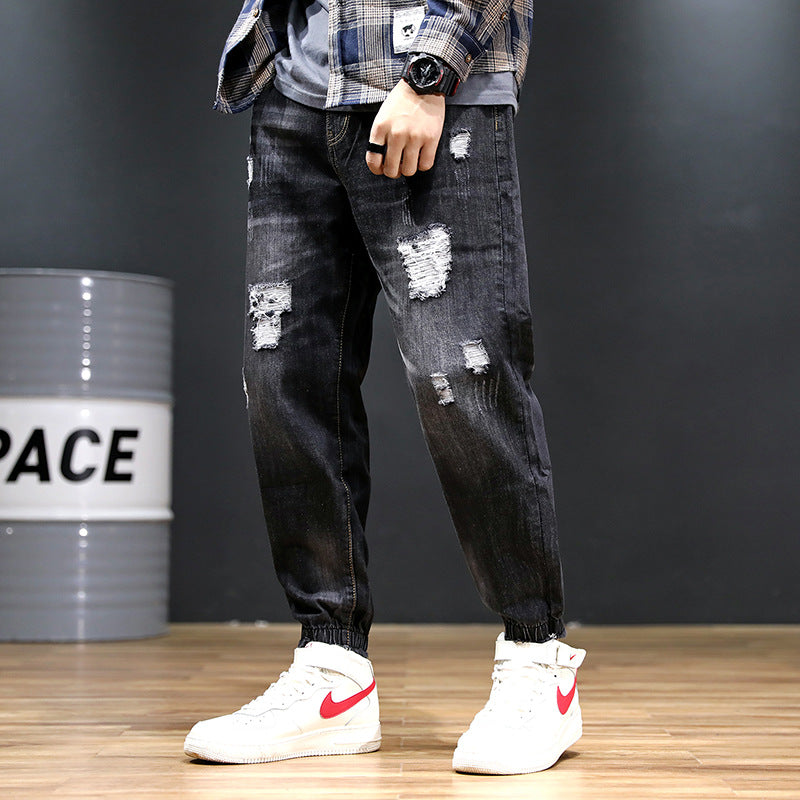 Pantaloni Jeans Uomo Harem Cropped Taglie Forti - Stile Europeo e Americano, Effetto Consumato