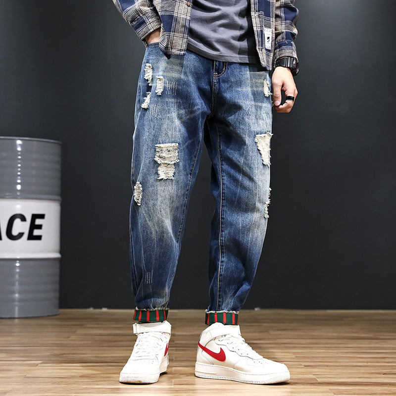 Pantaloni Jeans Uomo Harem Cropped Taglie Forti - Stile Europeo e Americano, Effetto Consumato