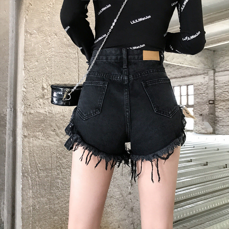Short in Denim a Vita Alta con Strass e Borchie – Stile treetwear &amp; Y2K