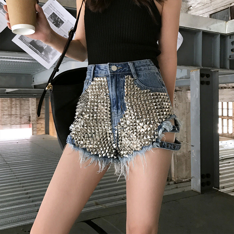 Short in Denim a Vita Alta con Strass e Borchie – Stile treetwear &amp; Y2K