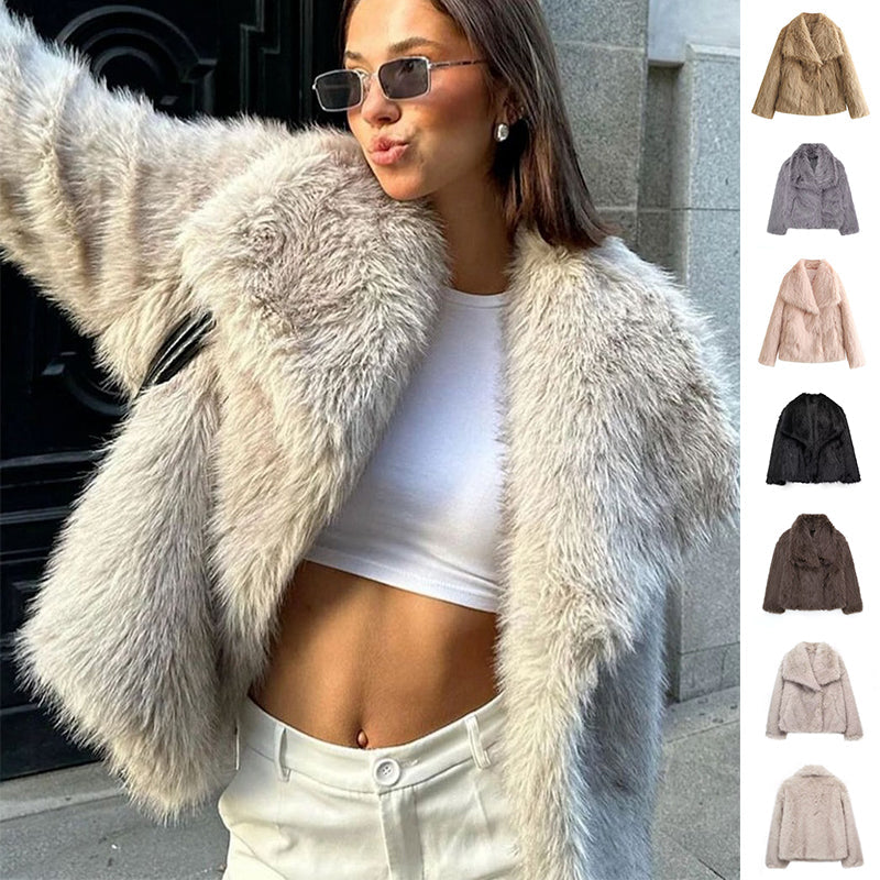 Winter Plush Coat Fashion Warm Thicken Fluffy Lapel Jacket Outwear Casual Long Sleeve Tops Womens Clothing-0