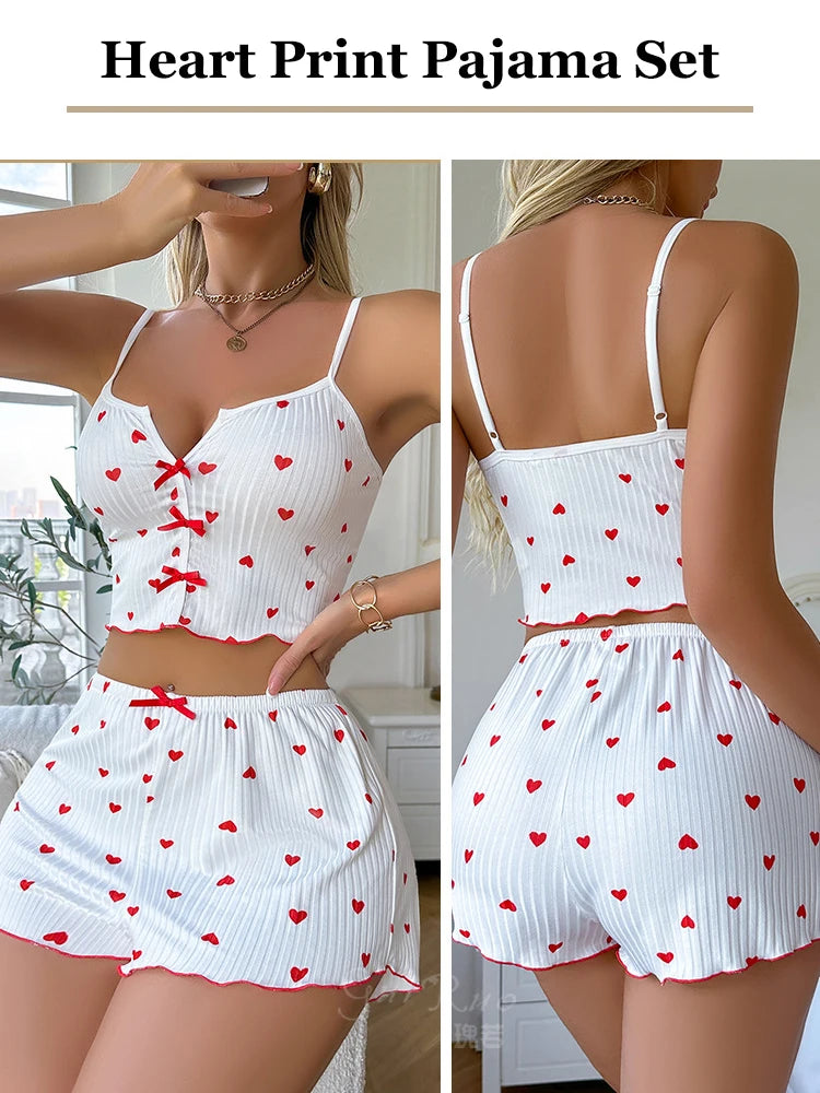 Pigiama Donna Effetto Raso con Stampa a Cuori – Top e Shorts