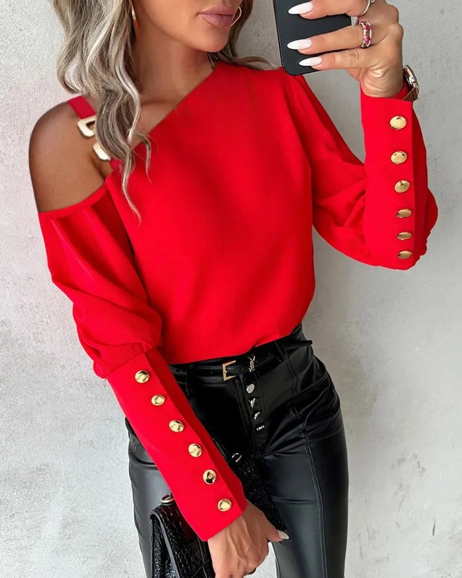 Camicetta Elegante a Manica a Lanterna – Blusa da Ufficio Collo a O