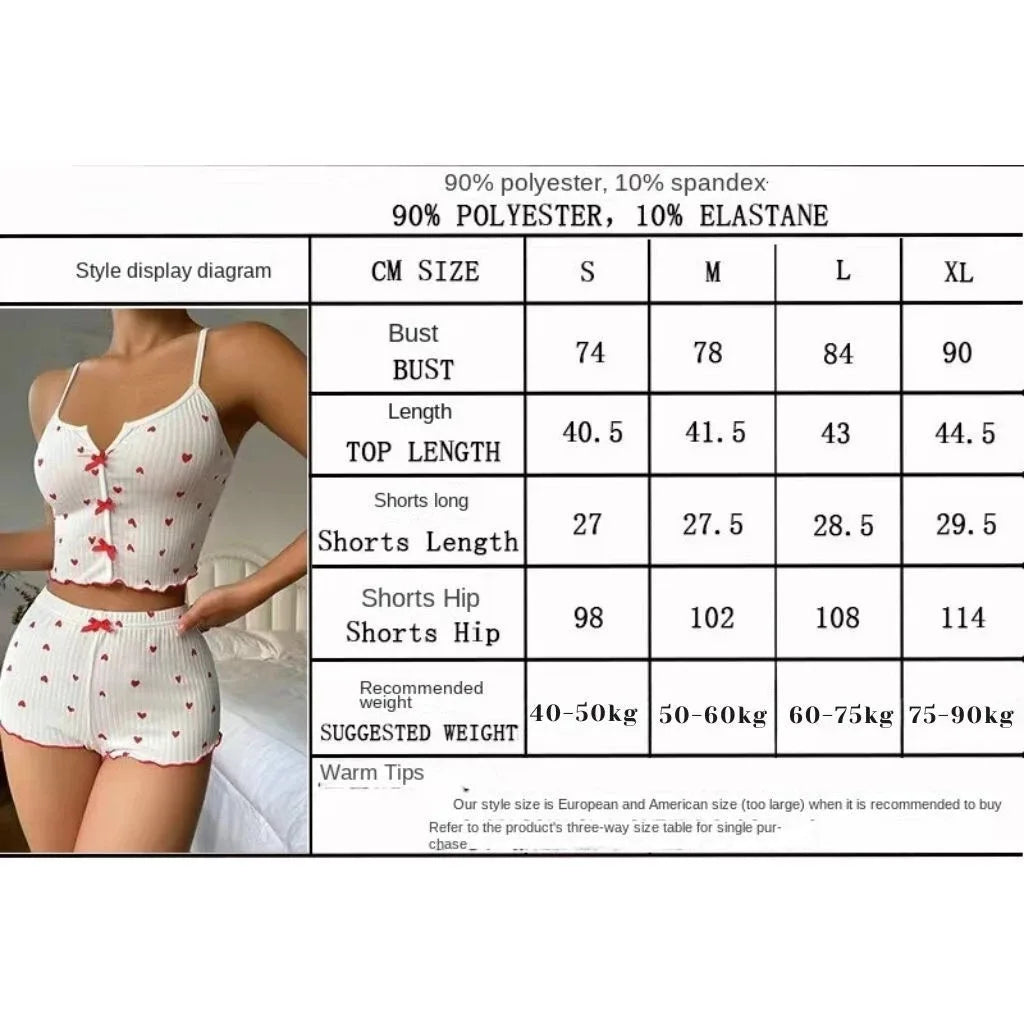 Pigiama Donna Effetto Raso con Stampa a Cuori – Top e Shorts