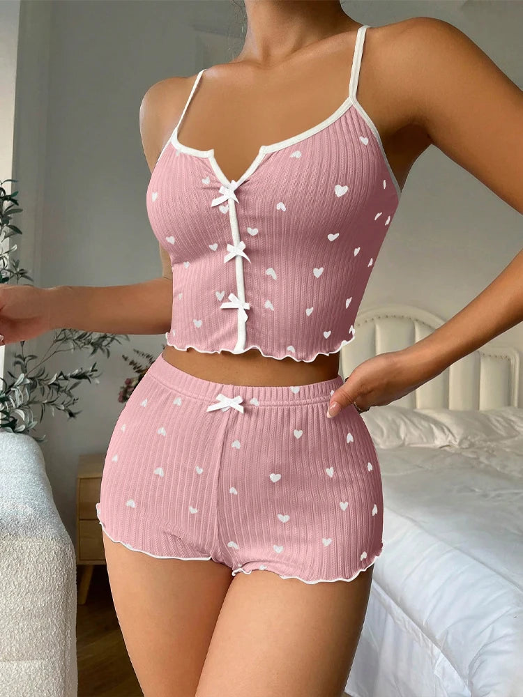 Pigiama Donna Effetto Raso con Stampa a Cuori – Top e Shorts